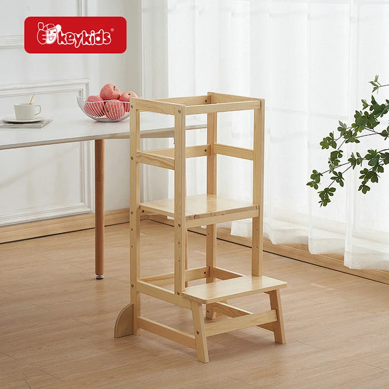 Natural Color Three Height Adjustable Wooden Kitchen Step Stool for Toddler W08G387